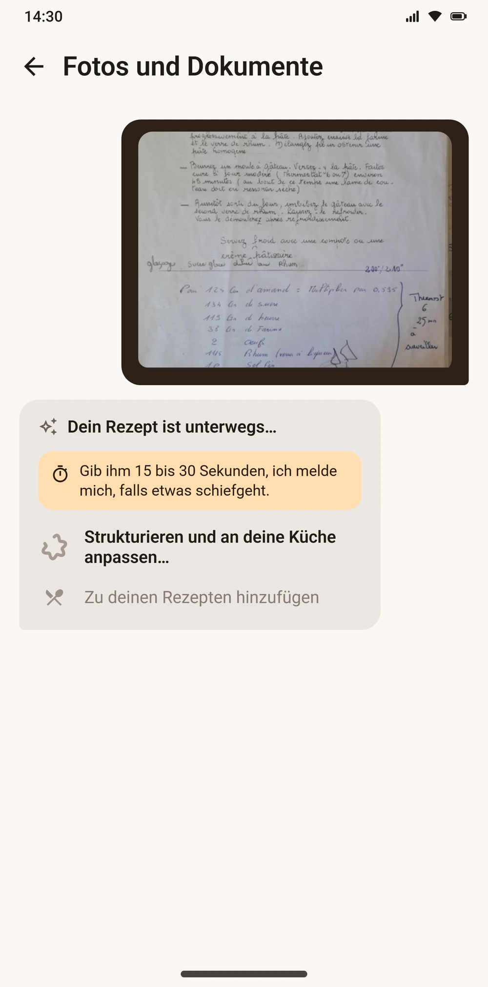 Import eines abfotografierten handschriftlichen Rezepts in Aloumi