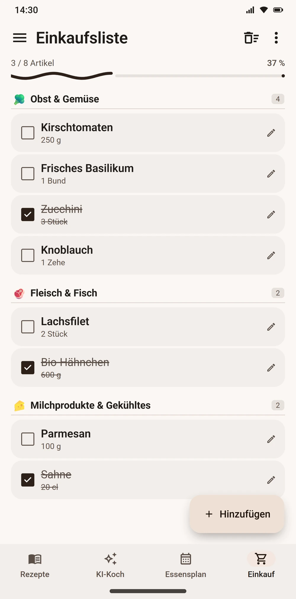 Nach Warengruppen sortierte Einkaufsliste in Aloumi