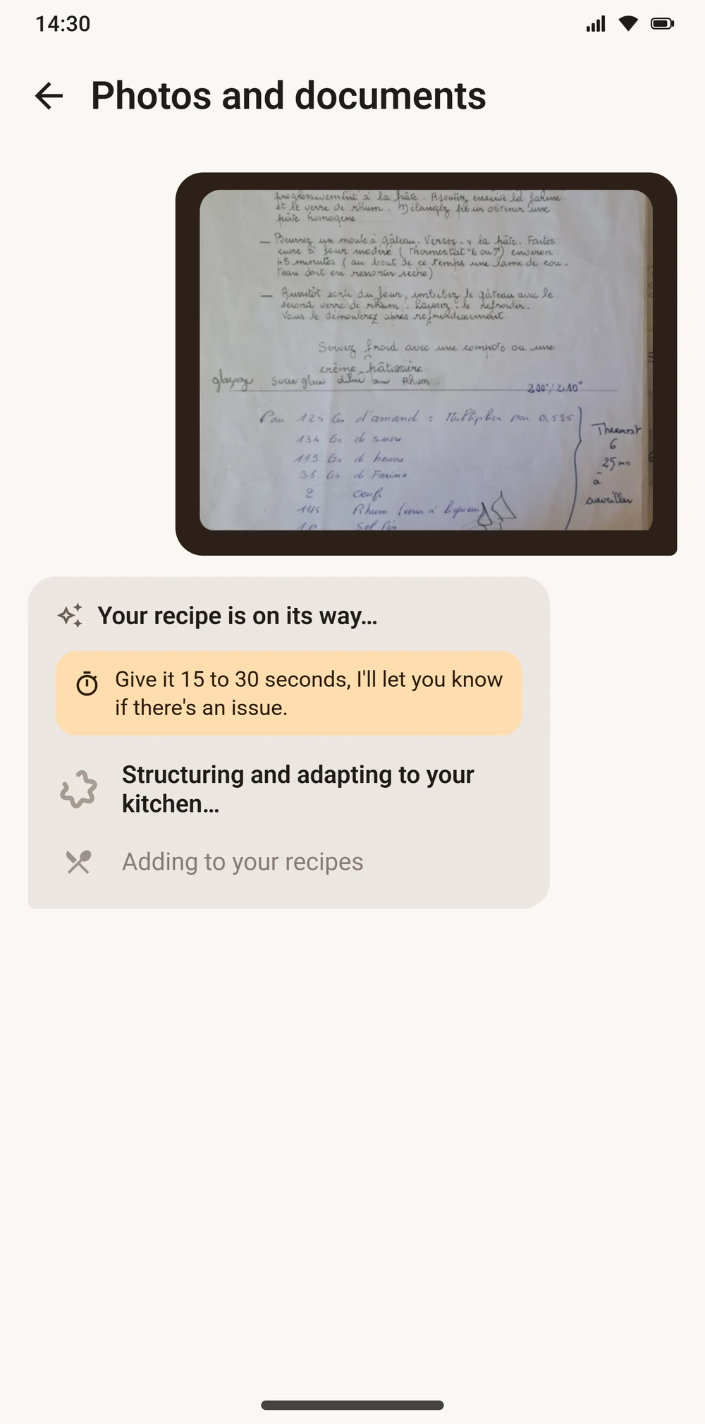 Importing a handwritten recipe photographed in Aloumi