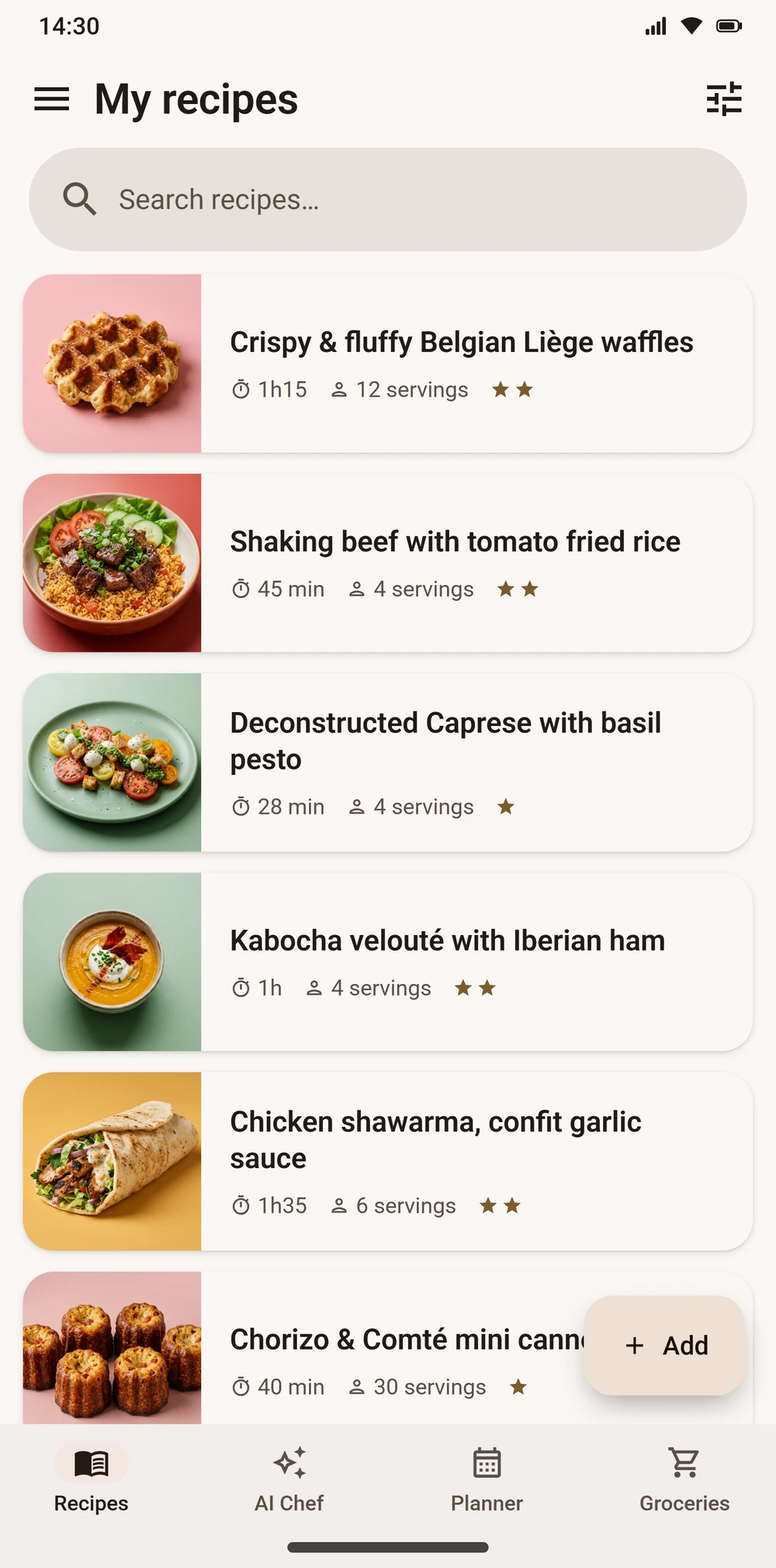 The user's recipe collection in Aloumi
