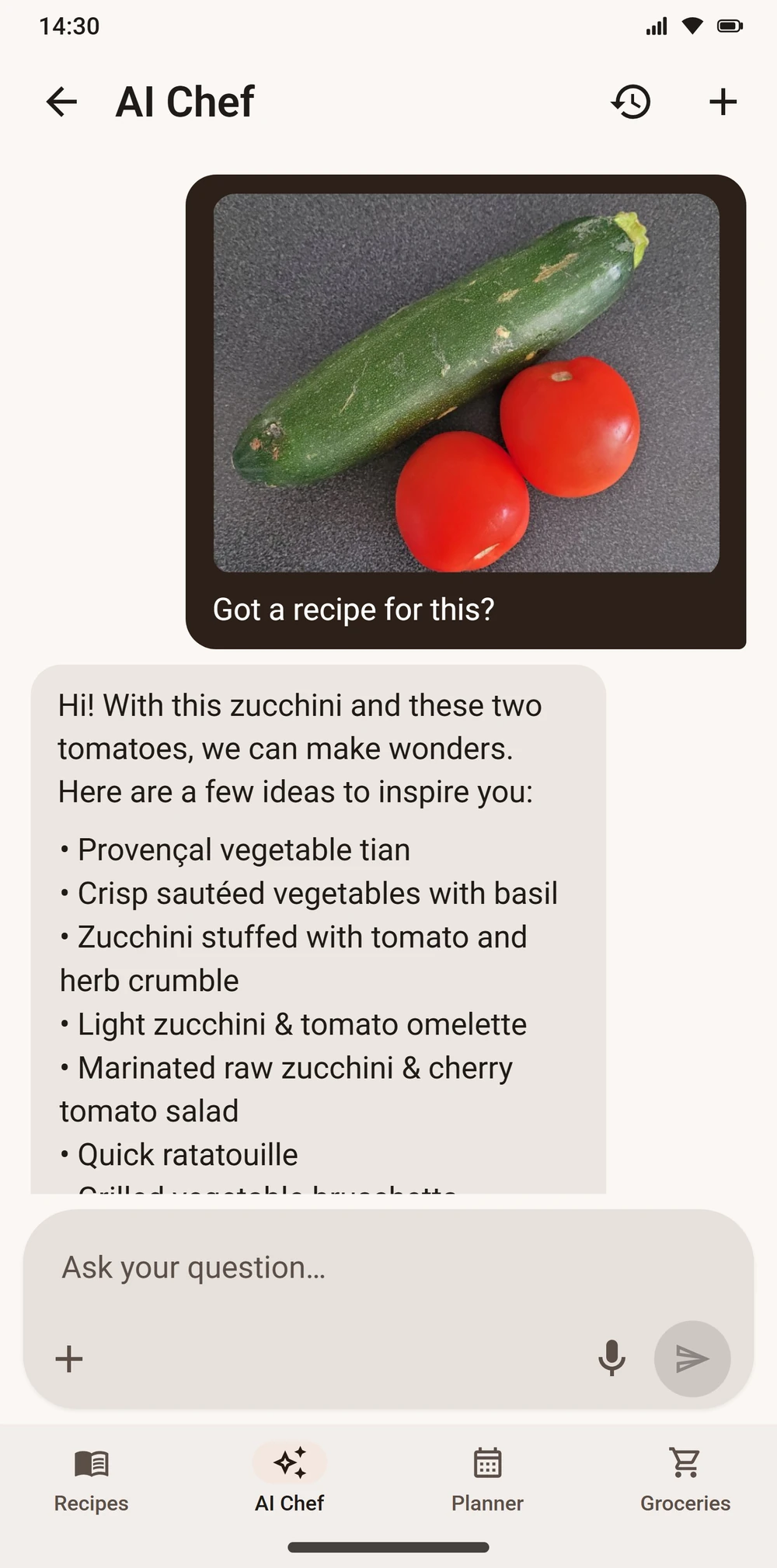 Aloumi's AI Chef suggesting recipe ideas