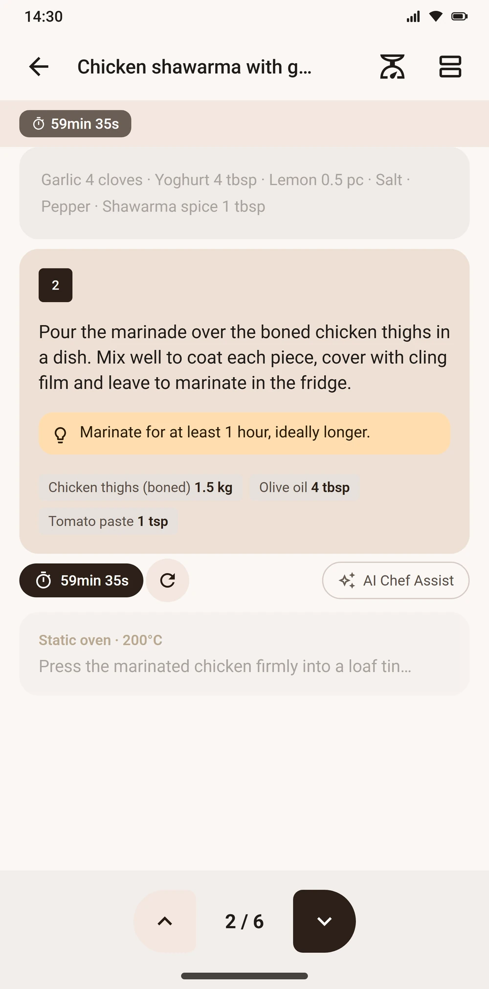 Step-by-step cooking mode with a timer in Aloumi