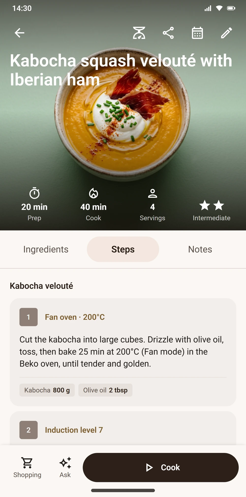 Aloumi recipe card with cooking steps adapted to the user's oven