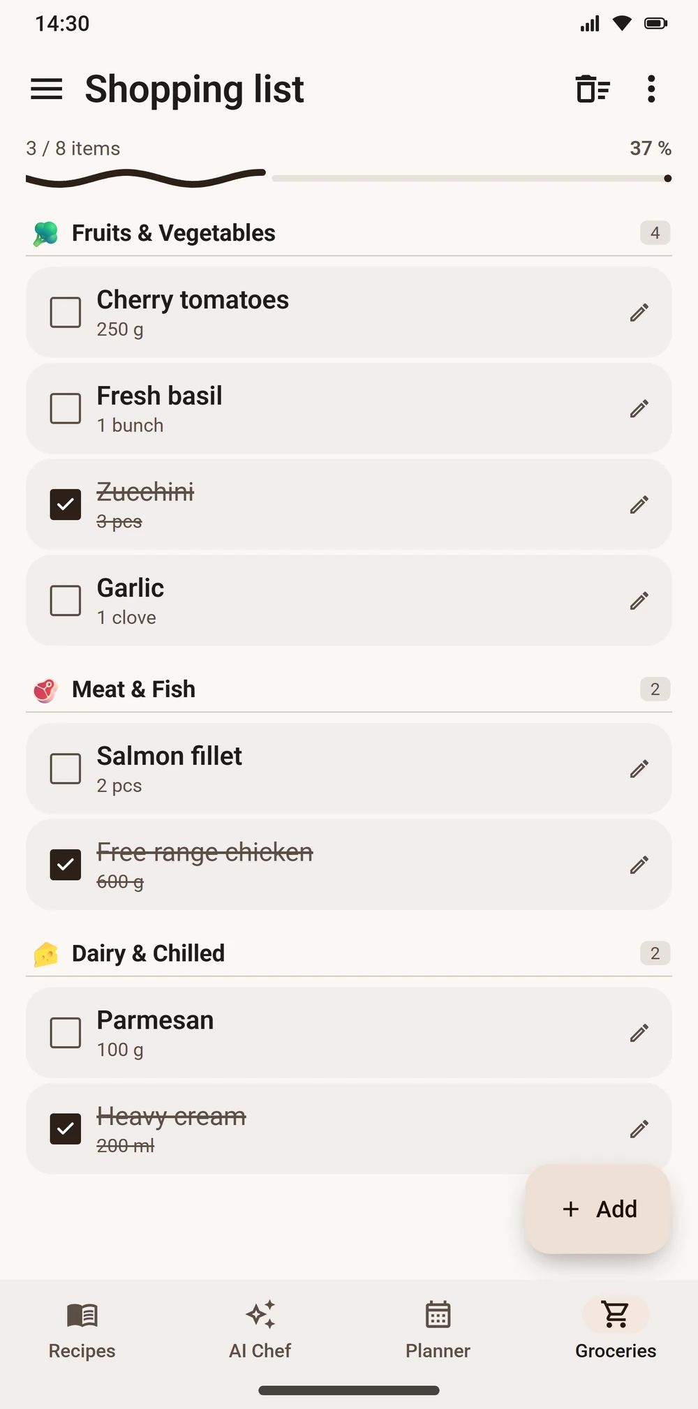 Shopping list sorted by aisle in Aloumi