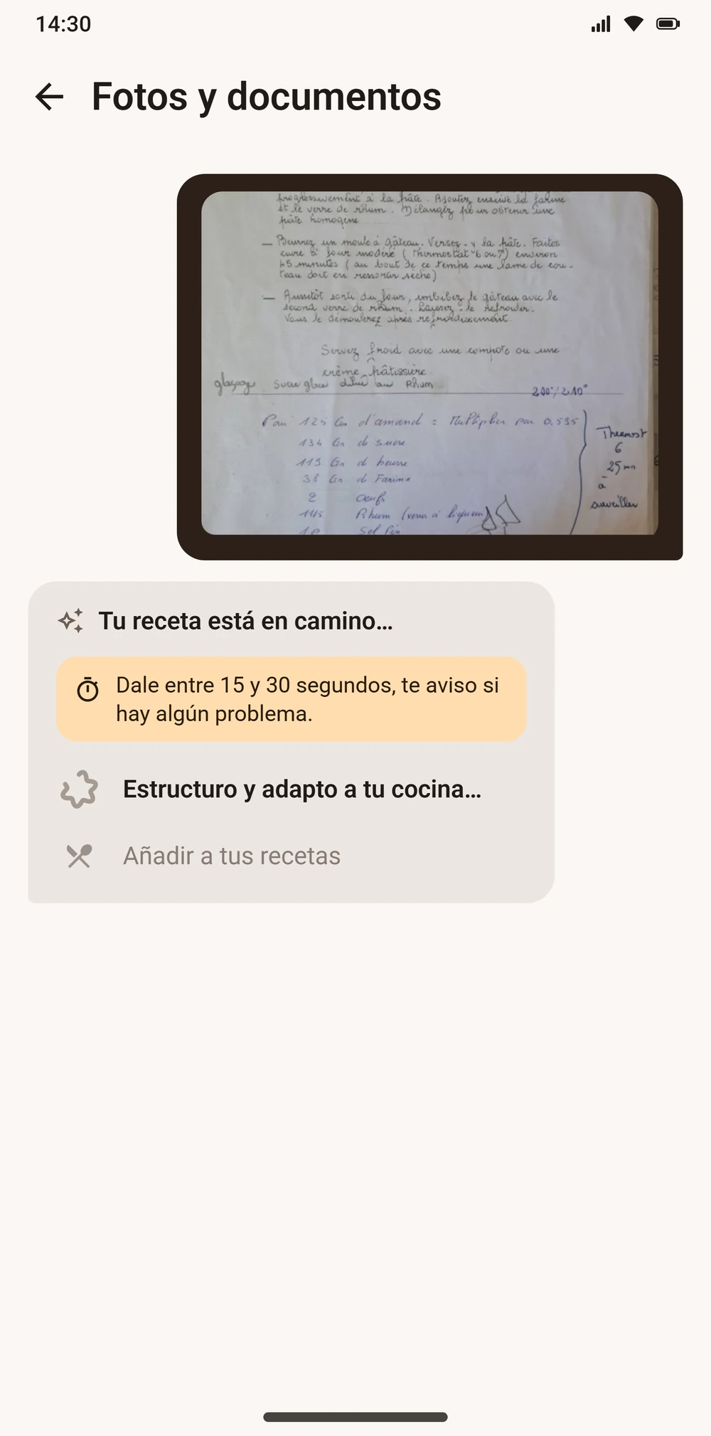 Importación de una receta escrita a mano fotografiada en Aloumi