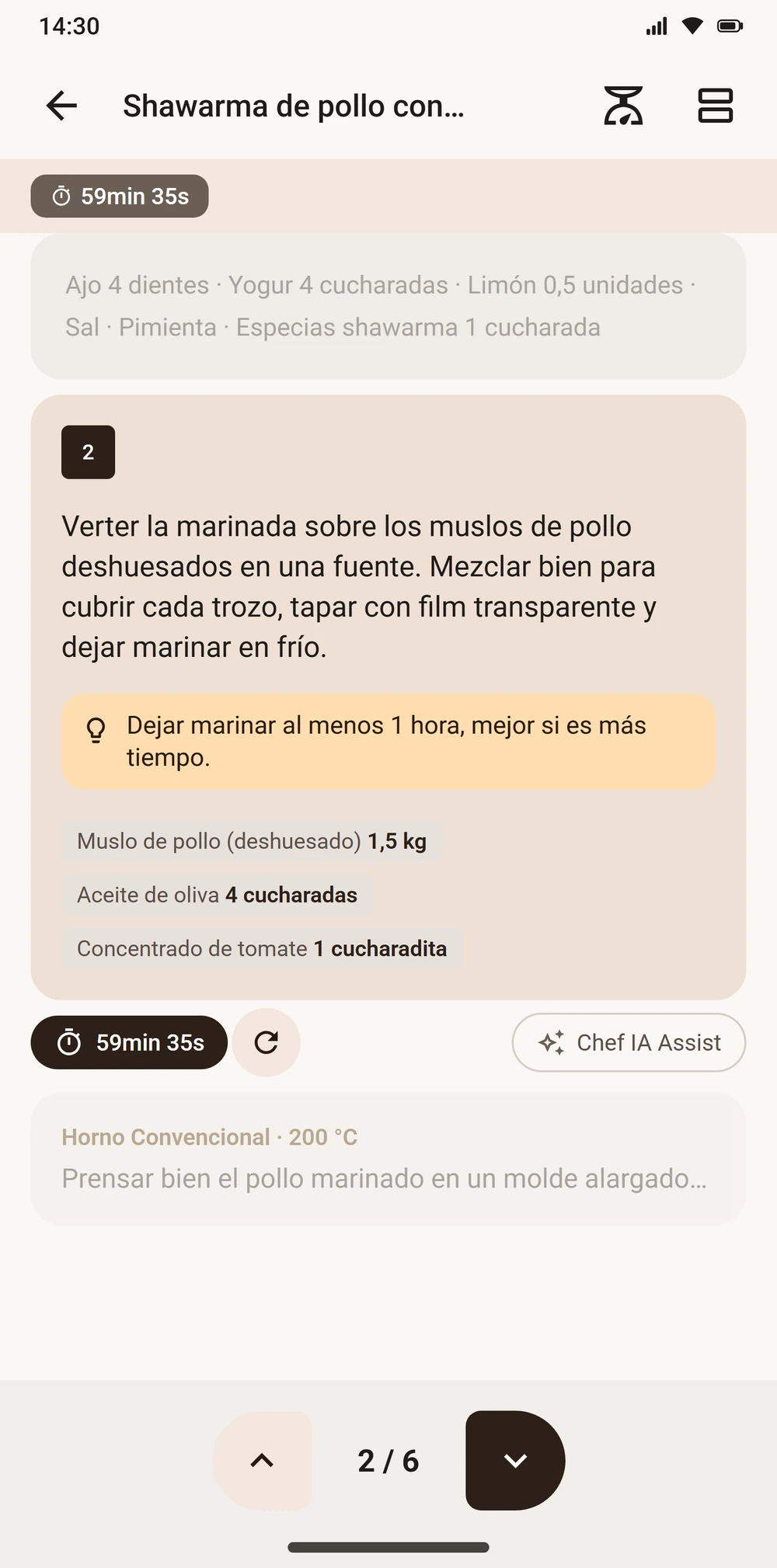 Modo cocina paso a paso con temporizador en Aloumi