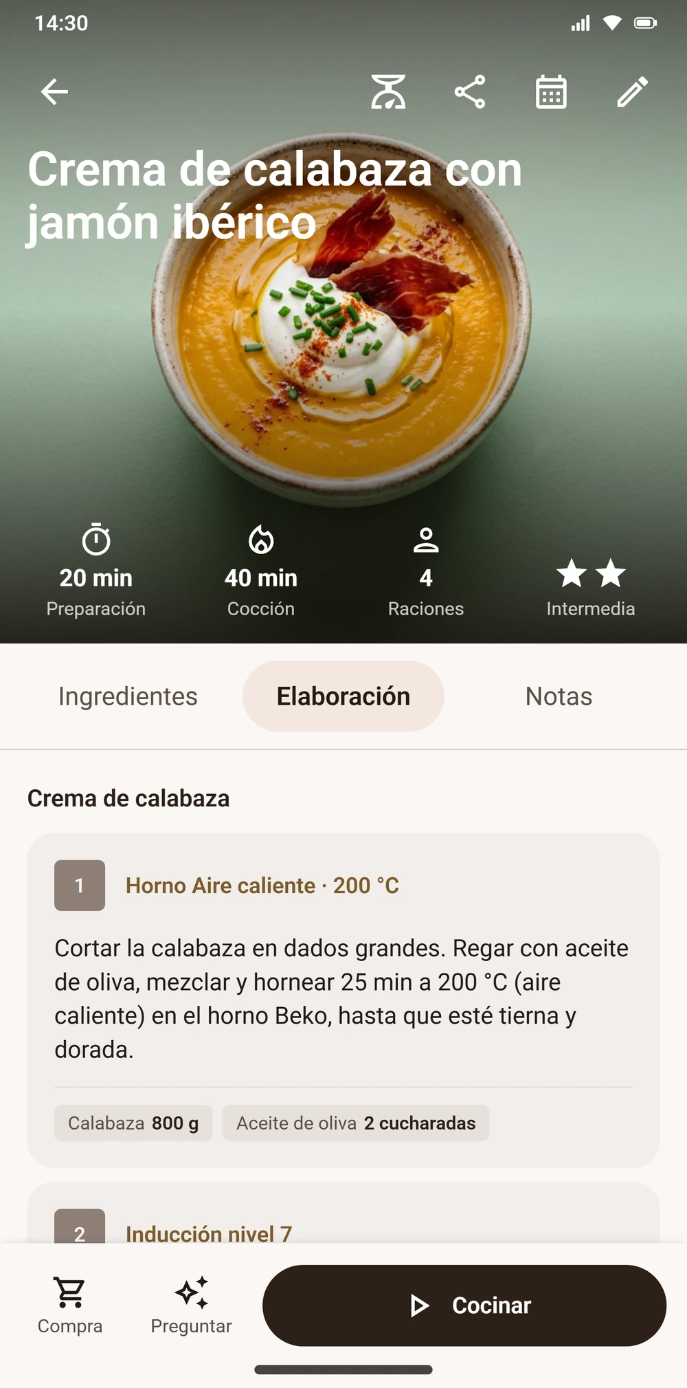 Ficha de receta de Aloumi con los pasos de cocción adaptados al horno del usuario