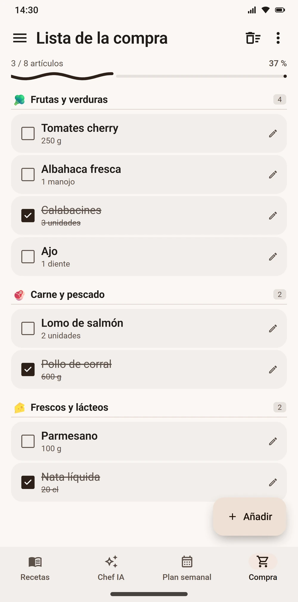 Lista de la compra ordenada por secciones en Aloumi