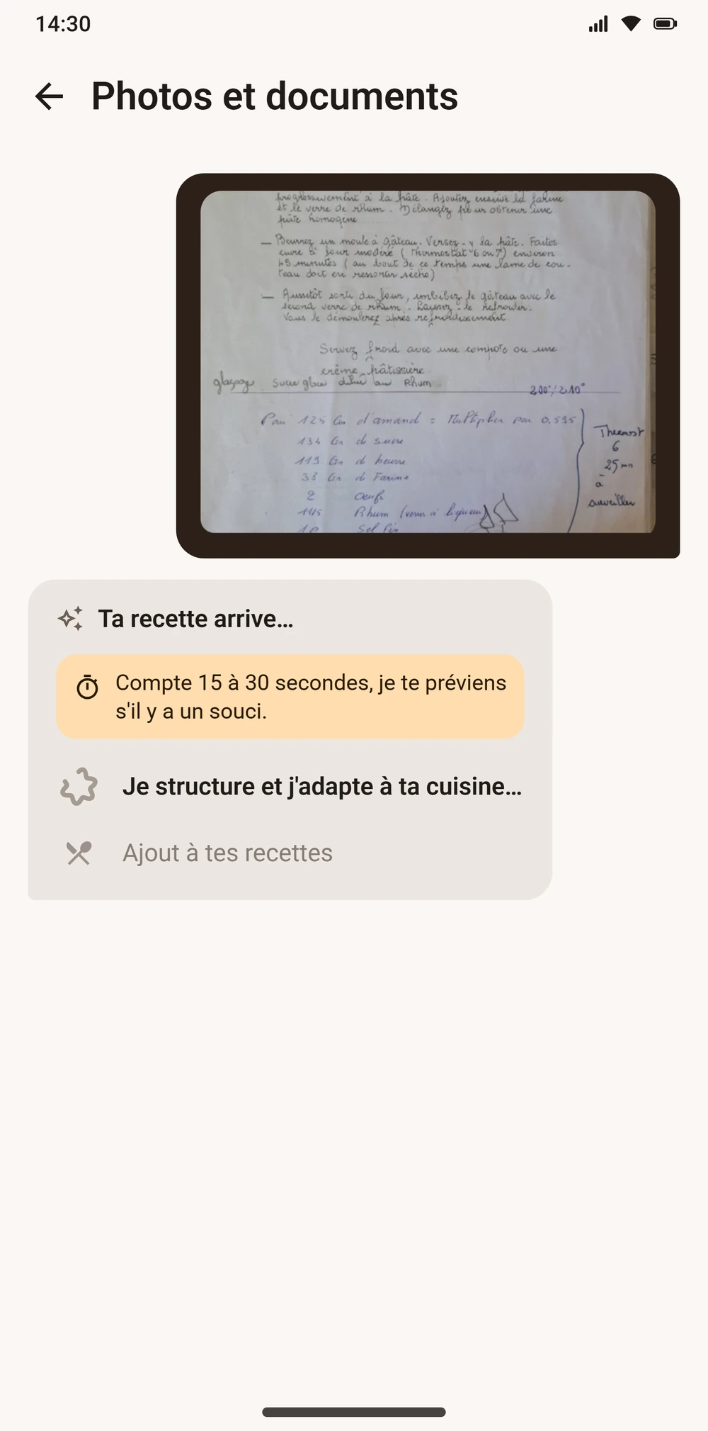 Import d'une recette manuscrite prise en photo dans Aloumi