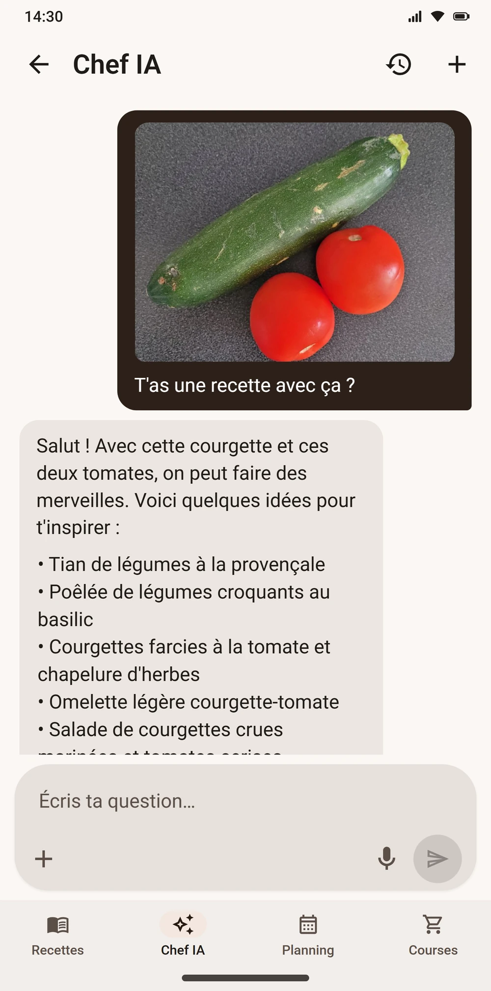 Chef IA d'Aloumi proposant des idées de recettes
