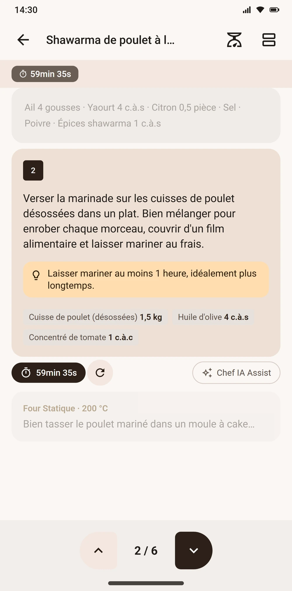 Mode cuisine pas à pas avec minuteur dans Aloumi