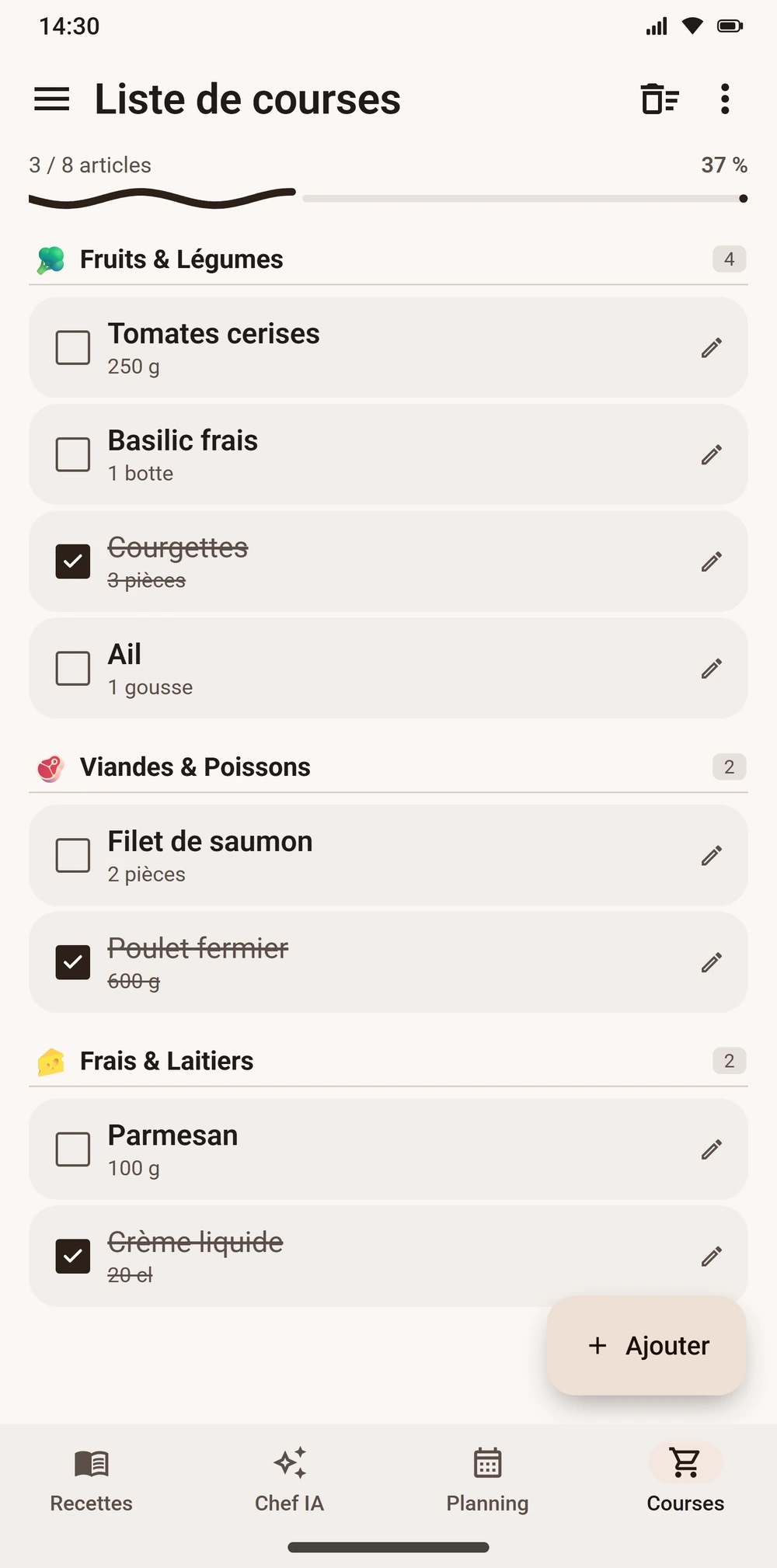 Liste de courses triée par rayon dans Aloumi