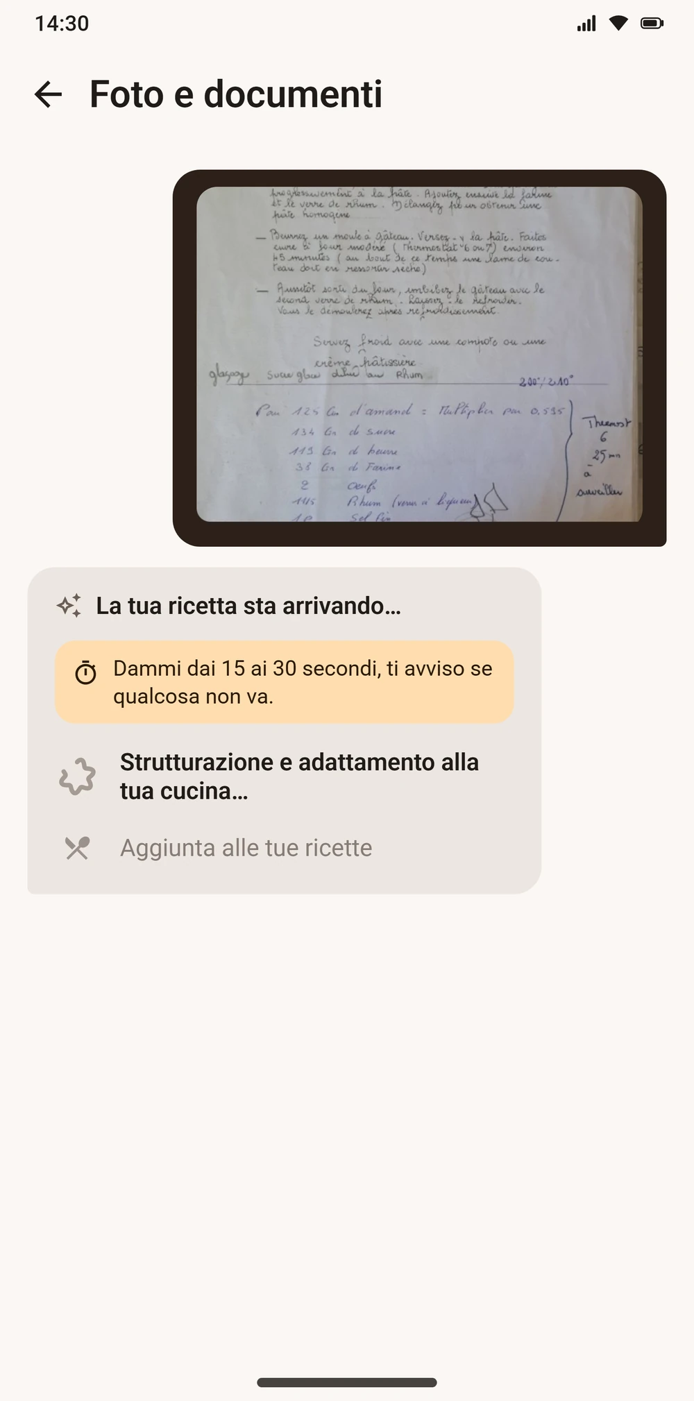 Importazione di una ricetta scritta a mano fotografata in Aloumi