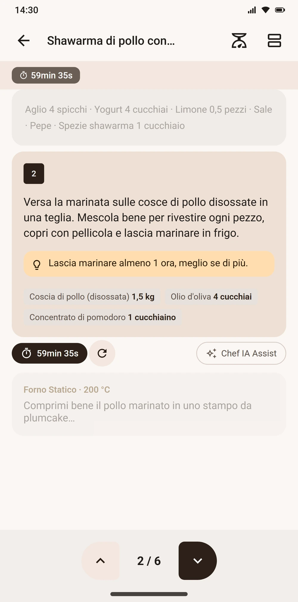 Modalità cucina passo dopo passo con timer in Aloumi