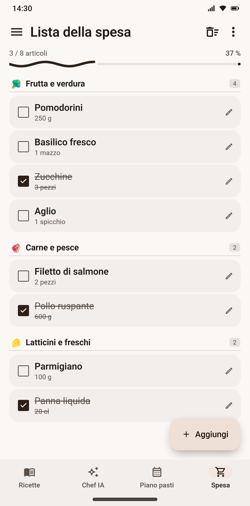 Lista della spesa ordinata per reparto in Aloumi